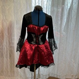 Pirate Wench Costume Halloweed Top Mini Dress Medium Red Black Corset